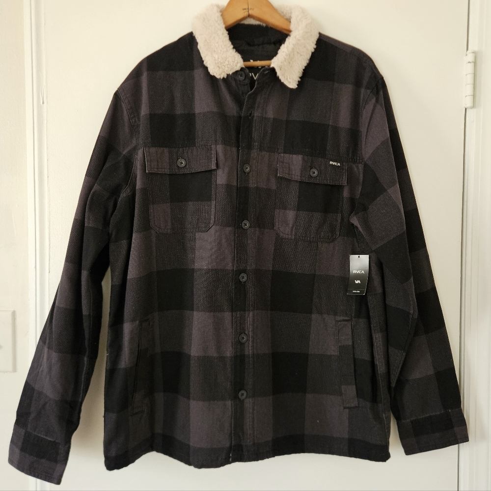 RVCA Mens Plaid Range Jacket S Shacket Sherpa Collar Utility Lined Rugged NWT